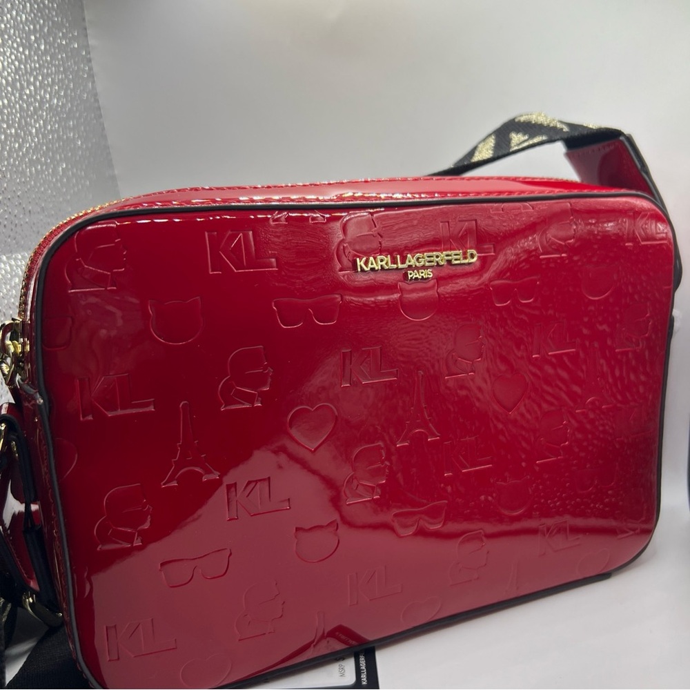 KARL LAGERFELD PARIS RED MAYBELLE CROSSBODY BAG  Black & Gold Strap